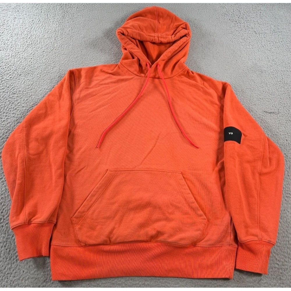 Y-3 Hoodie Men's XS Orange Long Sleeve Logo Pullover Kangaroo Pockets Sweatshirt